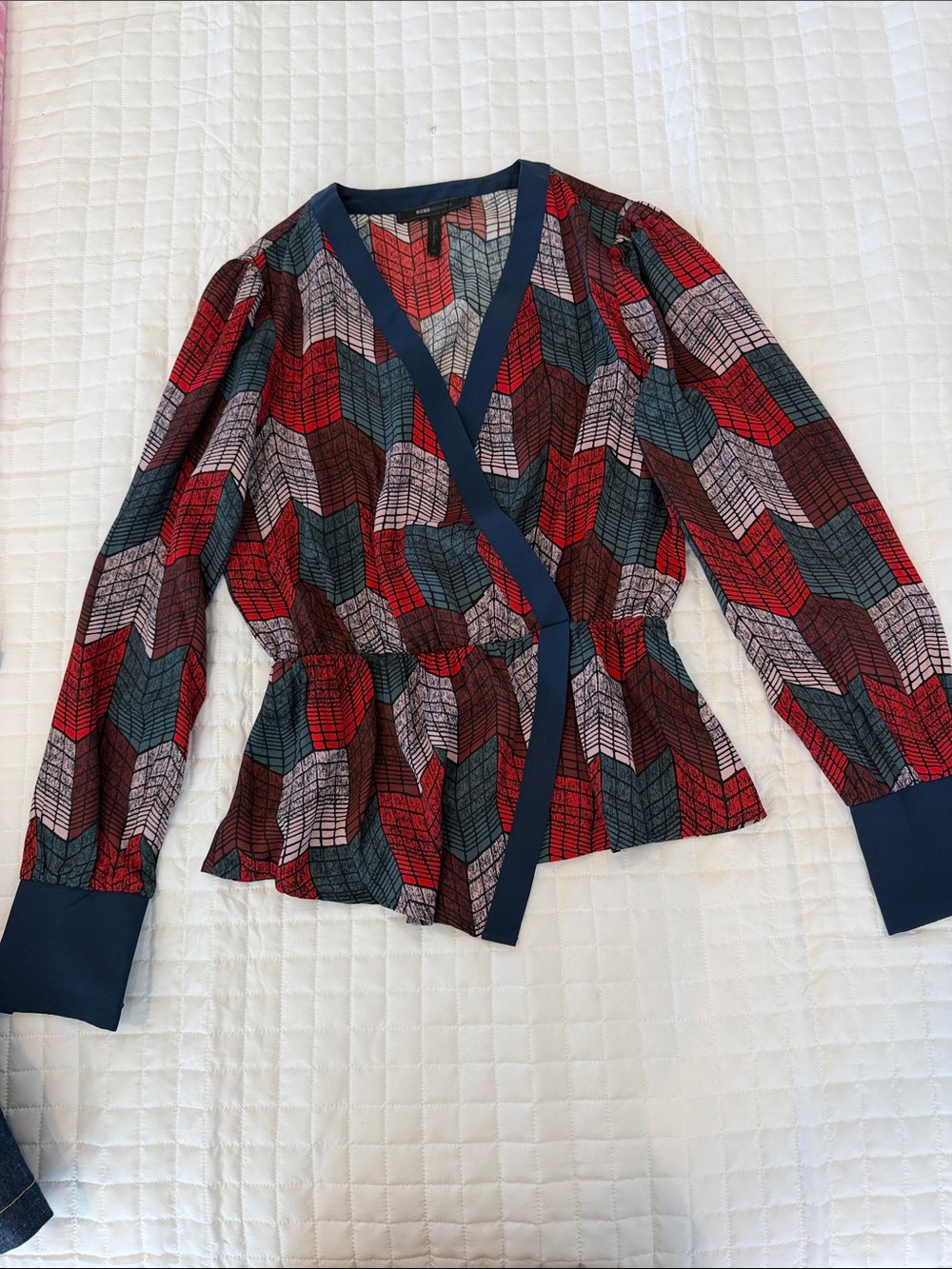 BCBGMaxAzria Red, Navy & Pink Geometric Wrap Blouse